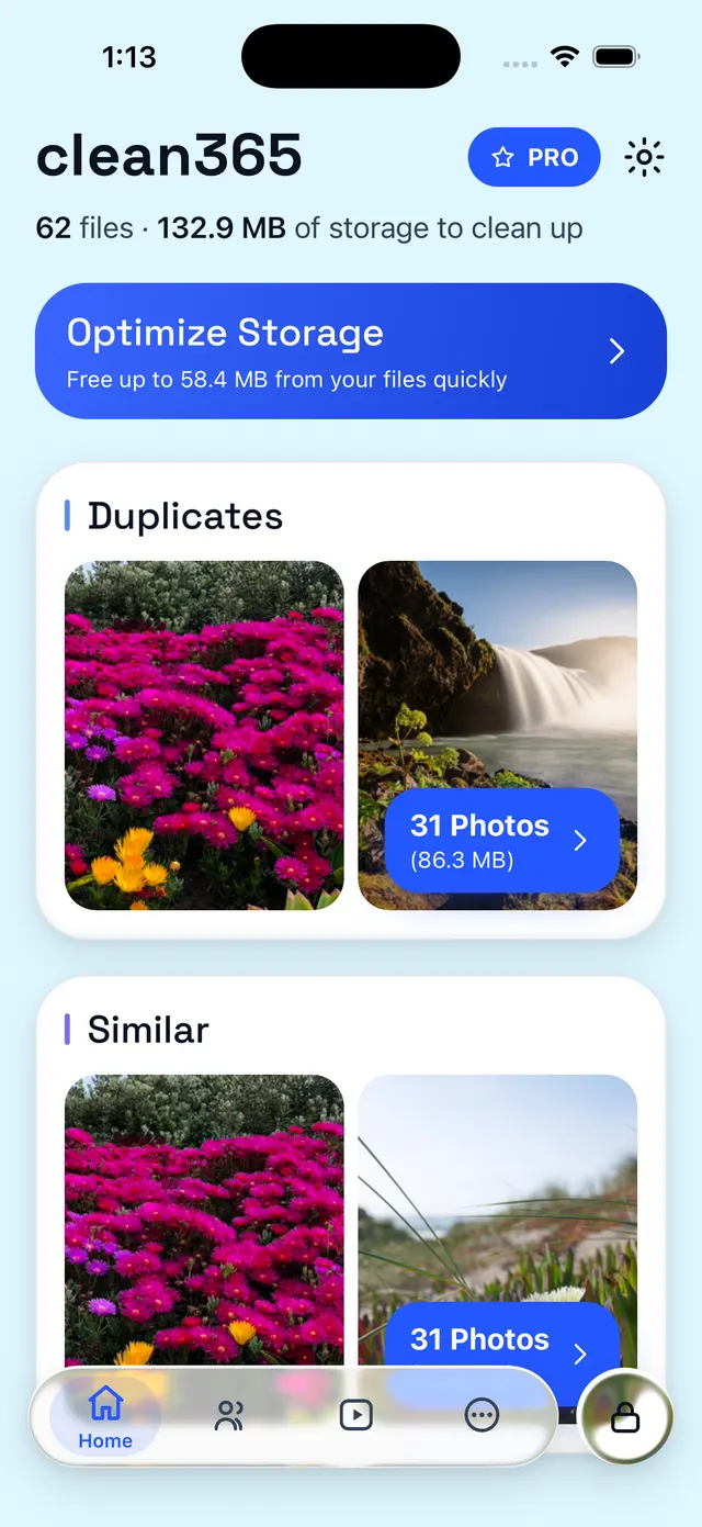 The clean365 home screen, reporting 62 files and 132.9 MB of storage to clean up, with grouped Duplicates and Similar photos found on the device.